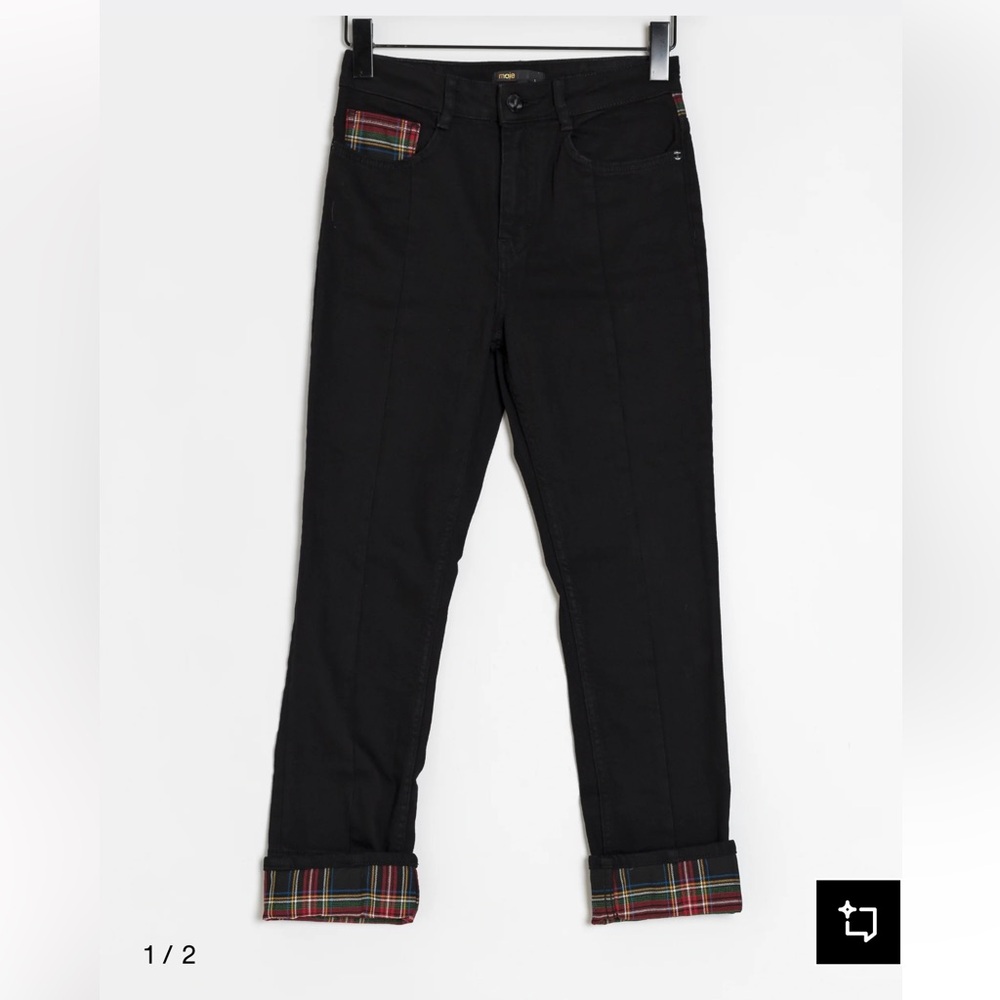 Maje‎ Woman's Black Straight Leg Jean with Plaid accents Size 36 Small